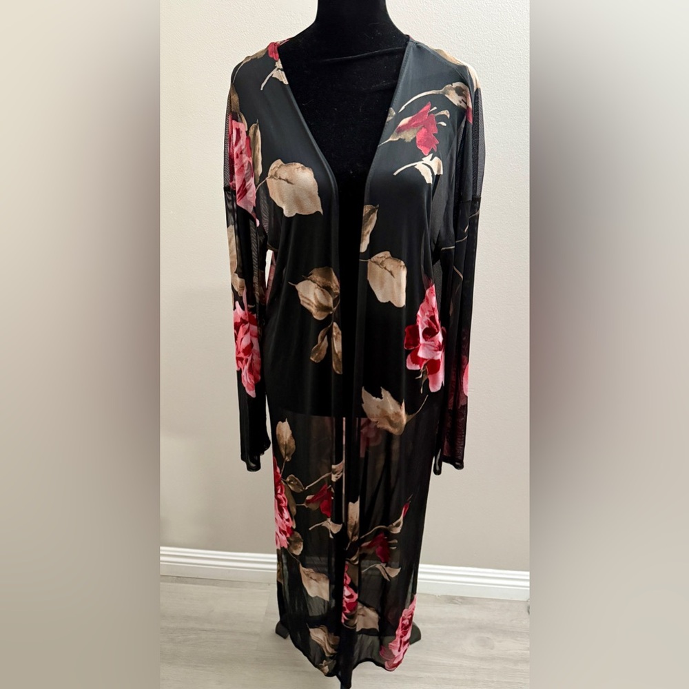 NWOT I Joah size small Sheer Black Floral kimono duster open front cardigan